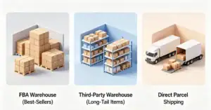 2026 hybrid warehouse model for Amazon sellers, showing FBA for best-sellers, third-party warehouses for long-tail goods, and direct parcel shipping.