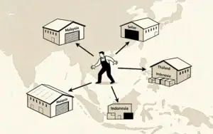 Conceptual map showing a seller struggling with fragmented inventory across multiple regional warehouses.