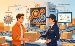 Happy seller handing packages to a 3PL provider, with a background machine showing efficiency and benefits.