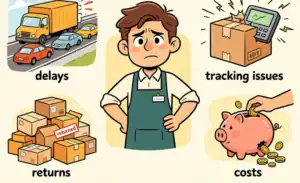 A worried seller surrounded by scenes of delays, tracking issues, returns, and costs.