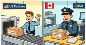 Cartoon illustration contrasting US and Canadian customs processes, focusing on duty thresholds and inspections.