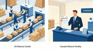 Business illustration comparing the efficiency and cost of returns processing centers in the US and Canada.