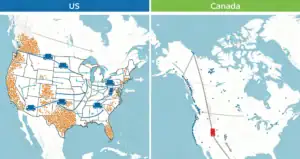 Infographic comparing US and Canada logistics networks, highlighting population density and delivery routes.