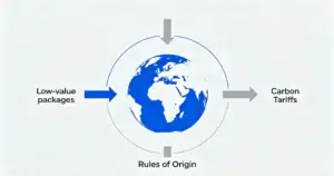 Infographic of three key 2026 trade policy trends affecting global e-commerce