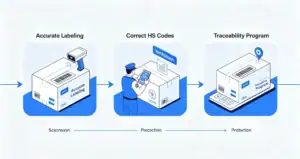 Customs compliance workflow showing labeling, HS codes, and traceability.