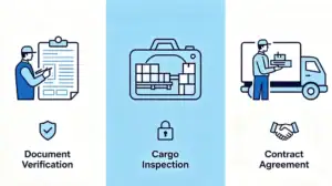 A shipper fills paperwork and takes loading photos, advised by a freight forwarder.