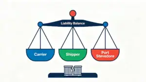 A scale balances carrier, shipper, and port blame, guiding freight forwarder actions.