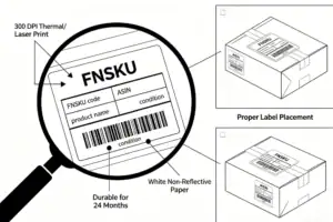 Technical diagram showing FNSKU label details, print requirements, and proper placement on a package.