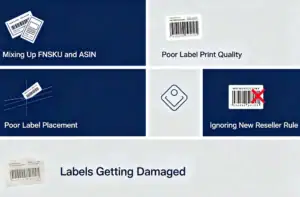 Infographic with icons for 5 common FBA labeling mistakes: mixing labels, poor print, bad placement, rule ignorance, and damage.