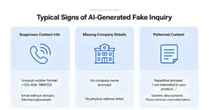 Infographic showing red flags of fake AI inquiries: suspicious contacts, missing info, and generic text.
