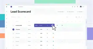 A lead scorecard on a screen, with points being awarded for criteria like 'company email' and 'IP location'.
