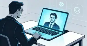 A salesperson is on a video call with a potential buyer whose face is pixelated and blurry.