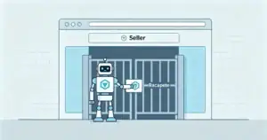 A gatekeeper robot blocks AI bots at a seller's website entrance, equipped with CAPTCHA technology.