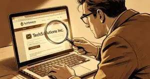 A salesperson uses a laptop to verify a company's existence and check the validity of an email address.