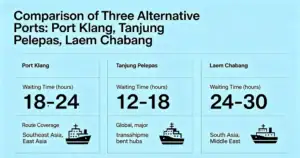 Infographic comparing Port Klang, Tanjung Pelepas, and Laem Chabang as alternatives.