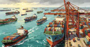 Singapore port congestion in 2026, with numerous container ships waiting at anchor.