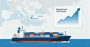 Container ship near Strait of Hormuz with graph showing rising bunker fuel prices.