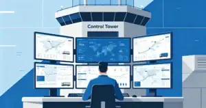 Logistics manager in a control tower monitoring real-time shipping data on multiple screens.