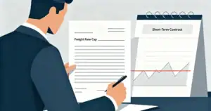 Businessperson signing a contract with a 'Freight Rate Cap' clause to stabilize costs.