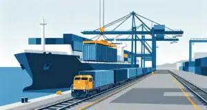 Shipping container being transferred from a cargo ship to a freight train at a port.