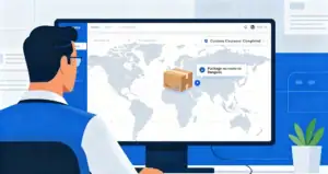 A logistics manager monitors a real-time dashboard showing a package's customs status and location.