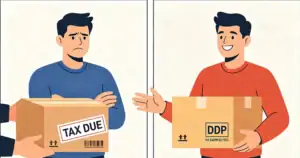 Comparison of frustrated 'Unpaid Delivery' vs. happy 'DDP' customer experiences.