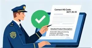 A customs officer verifies a correct HS code and product declaration on a digital device.