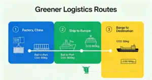 A container's journey via rail, ship, and barge cuts emissions, arranged by a freight forwarder.