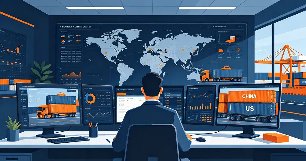 Logistics control center coordinating cross-border cargo and real-time shipment tracking.