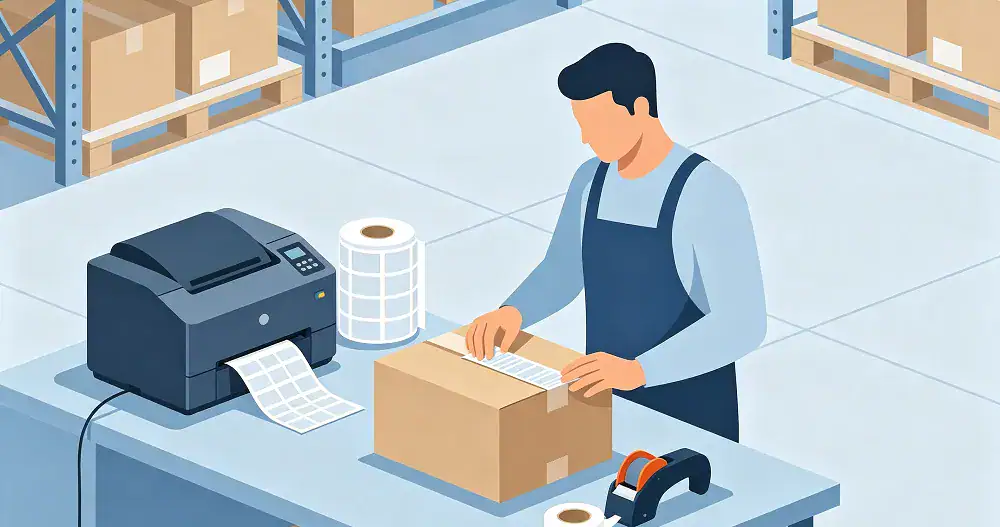 Worker applies labels correctly at packaging station.
