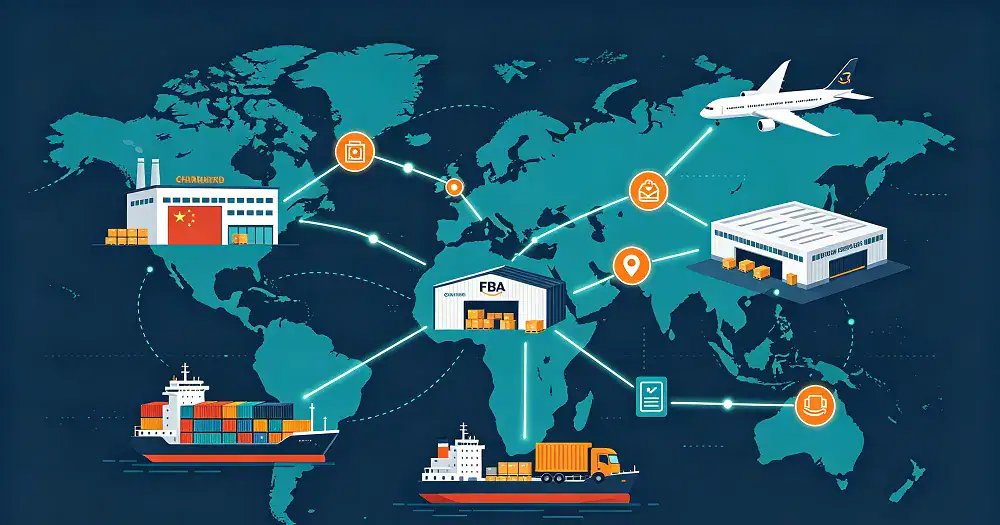 Global FBA headhaul logistics network connecting factories, ports, air freight, and fulfillment centers.