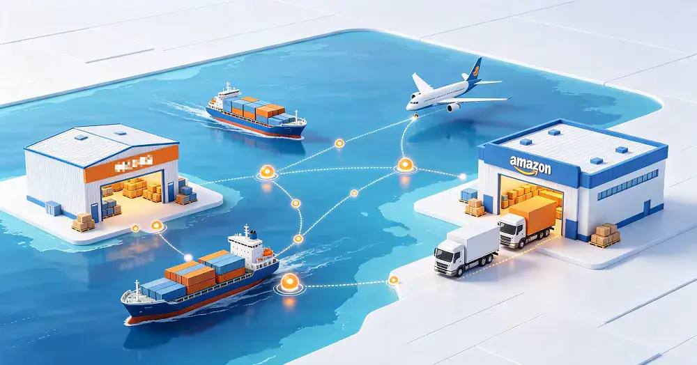 Global logistics network connecting seller to FBA warehouse.