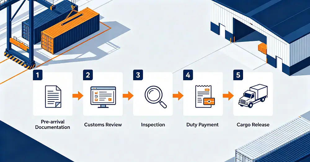 Five-step customs clearance workflow diagram.