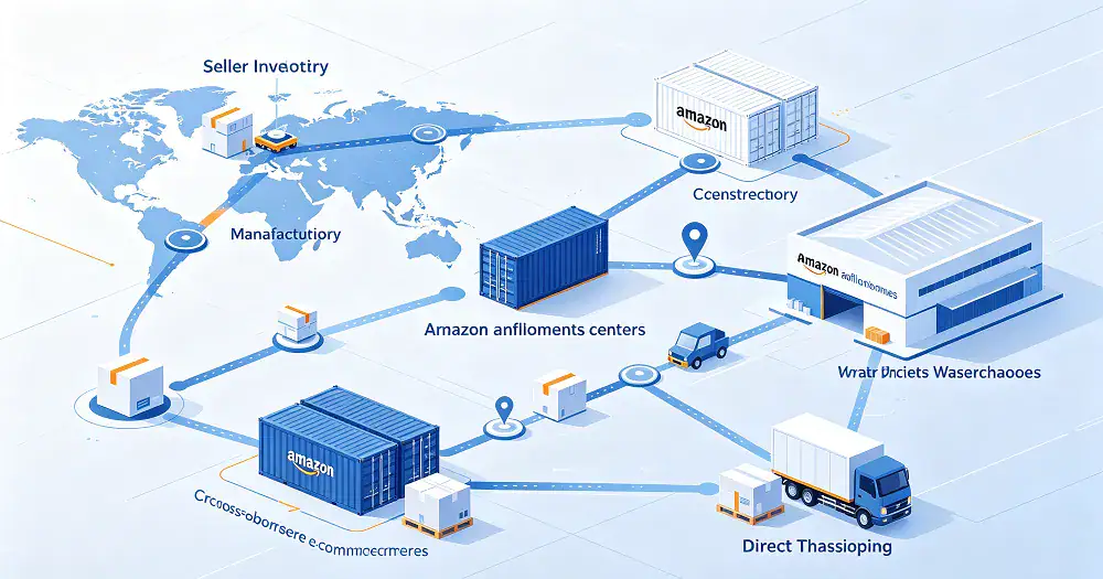 Visual overview of Amazon seller logistics shift to hybrid FBA and 3PL networks.