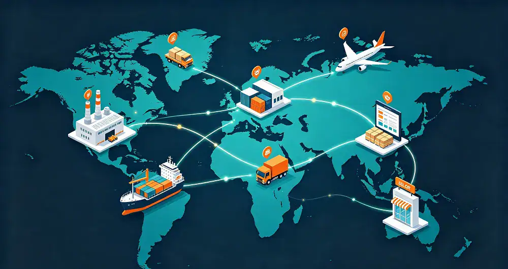 Global e-commerce supply chain network connecting factories, warehouses, and marketplaces.