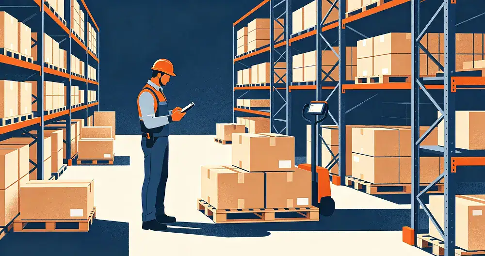 Warehouse worker checking cargo boxes and pallet details.