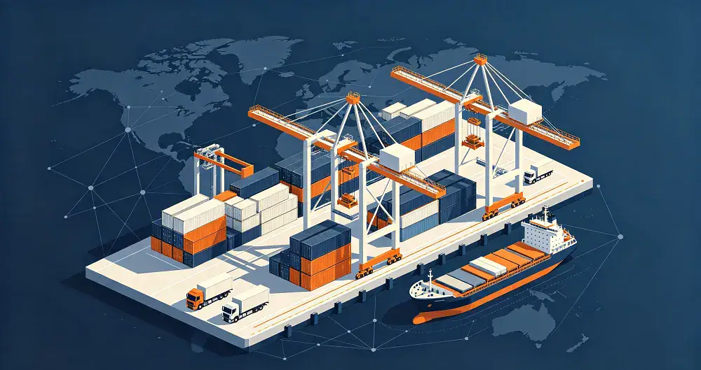 Global trade containers moving through port logistics network.