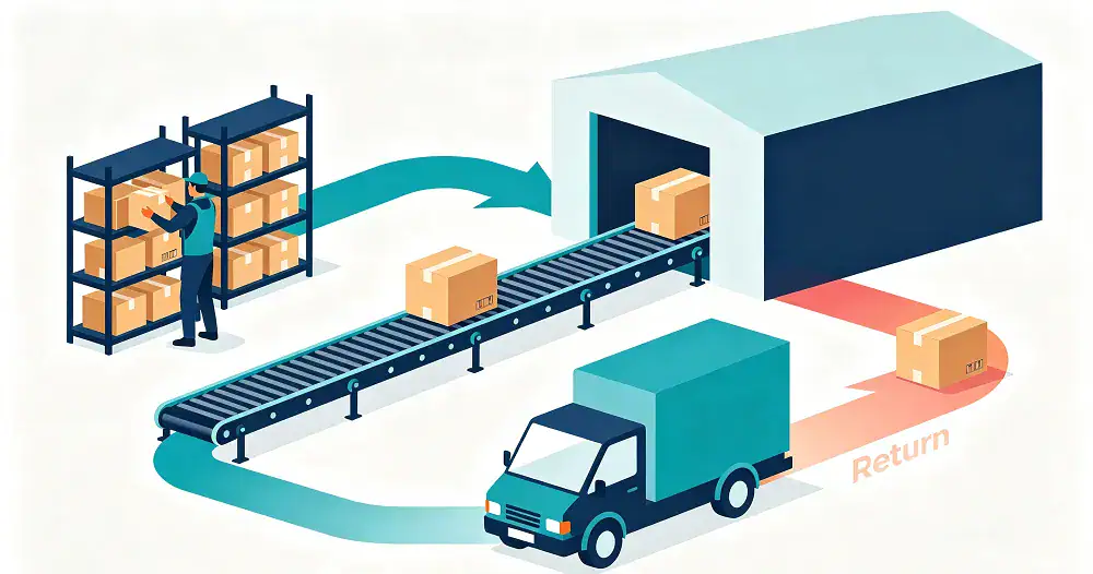 Orders move through picking, packing, shipping, and costly return processing.
