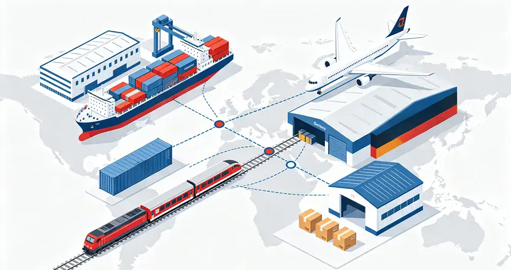 Global supply chain connecting China to Germany FBA.
