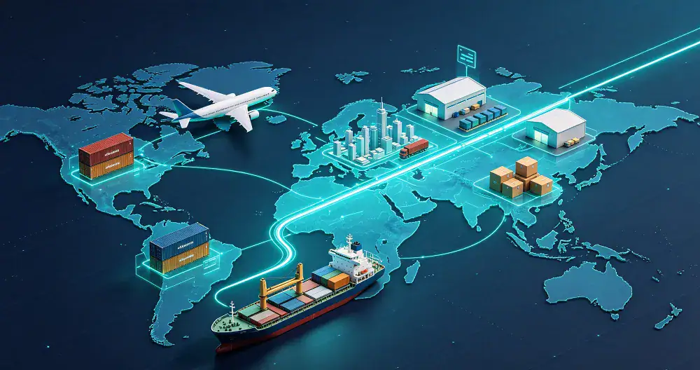 Global cross-border logistics network connecting trade routes with speed and precision.