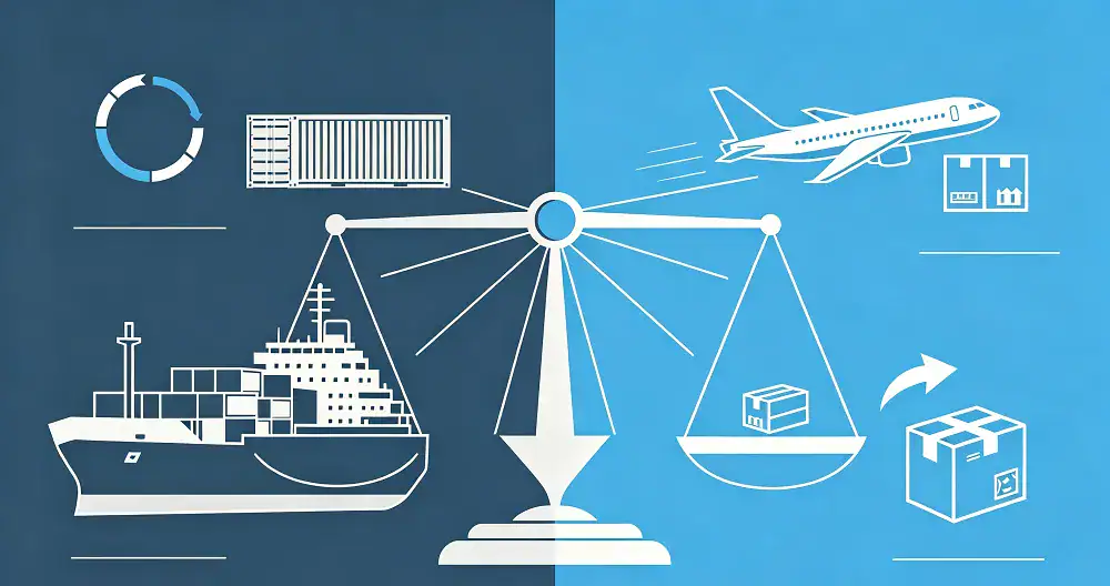 Visual comparison between ocean freight containers and air freight cargo.