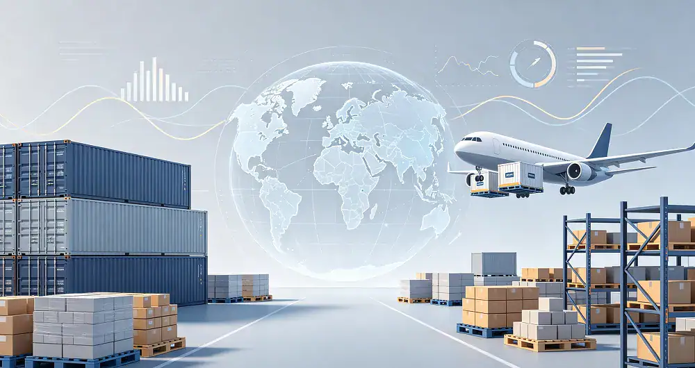 Global logistics network connecting containers, air cargo, and inventory data.