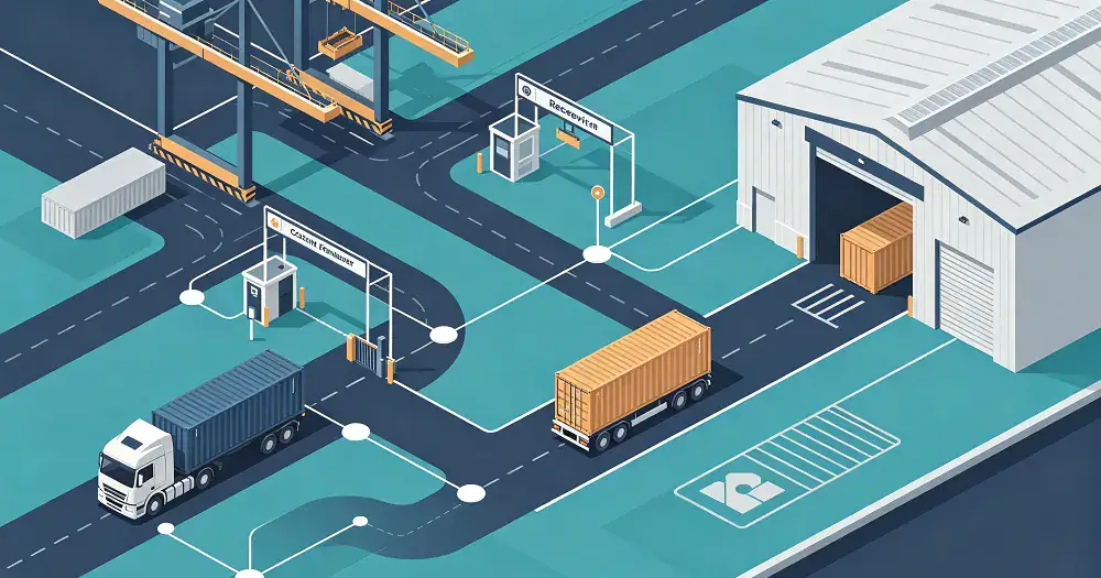 Cargo container tracked through port and customs stages