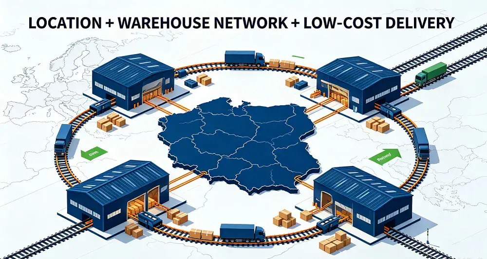 Poland as a central European logistics hub with warehouses.