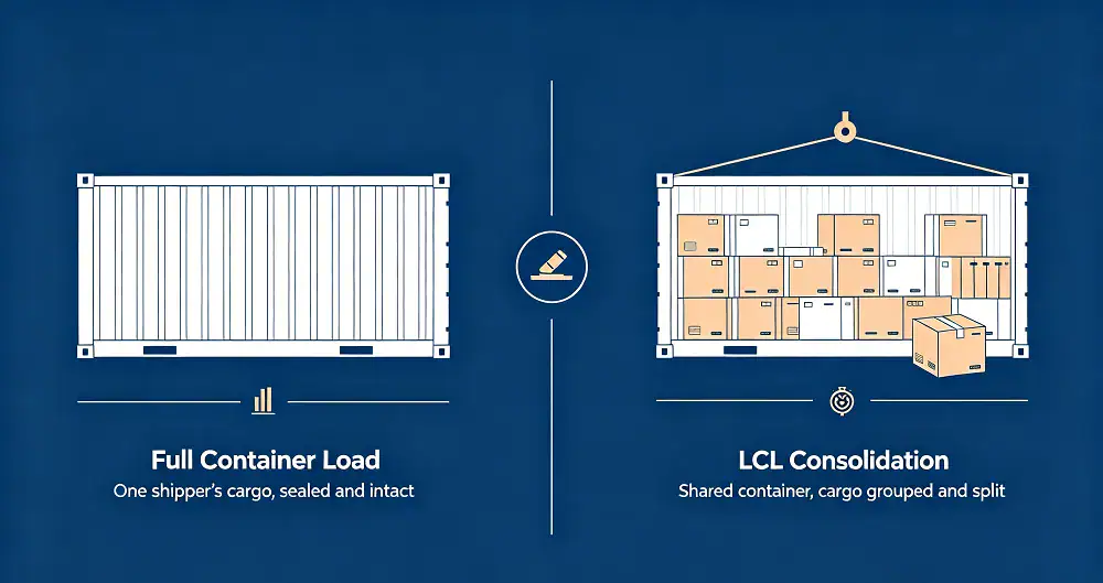 FCL and LCL shipping modes compared visually.