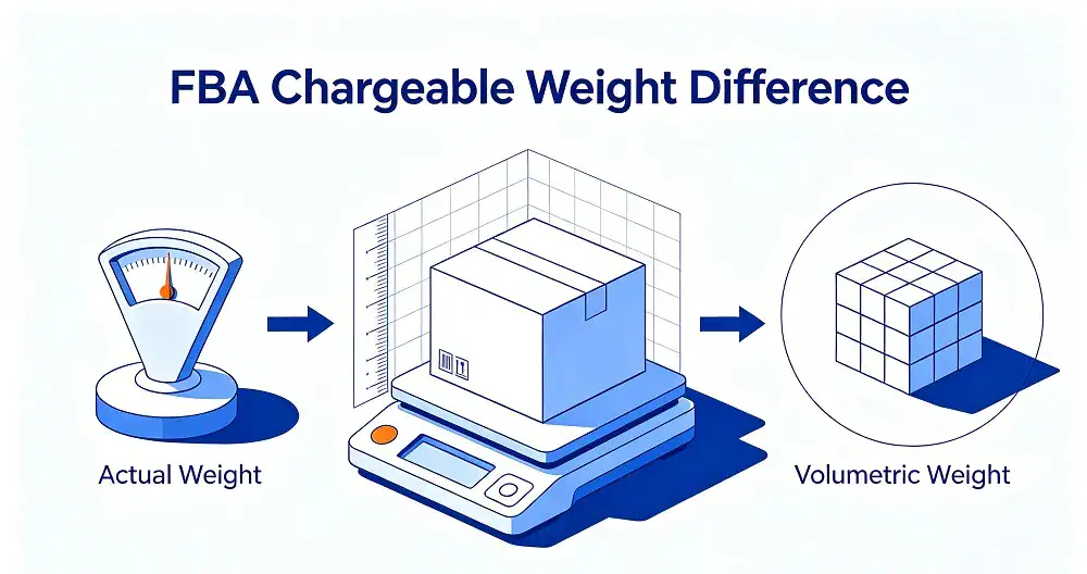 Volumetric weight calculation concept, box and scales, no labels