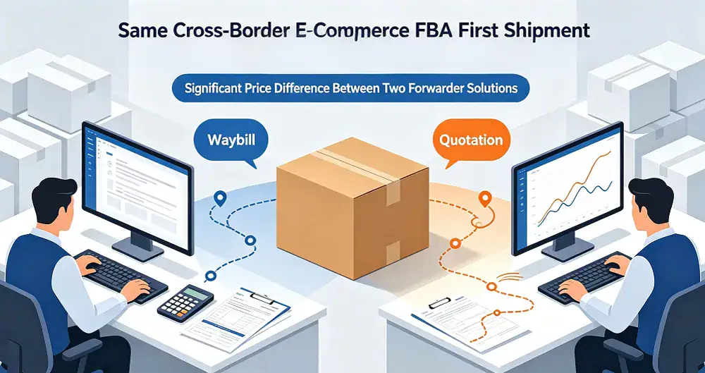 Two forwarder desks comparing the same shipment, divergent price tags, no text